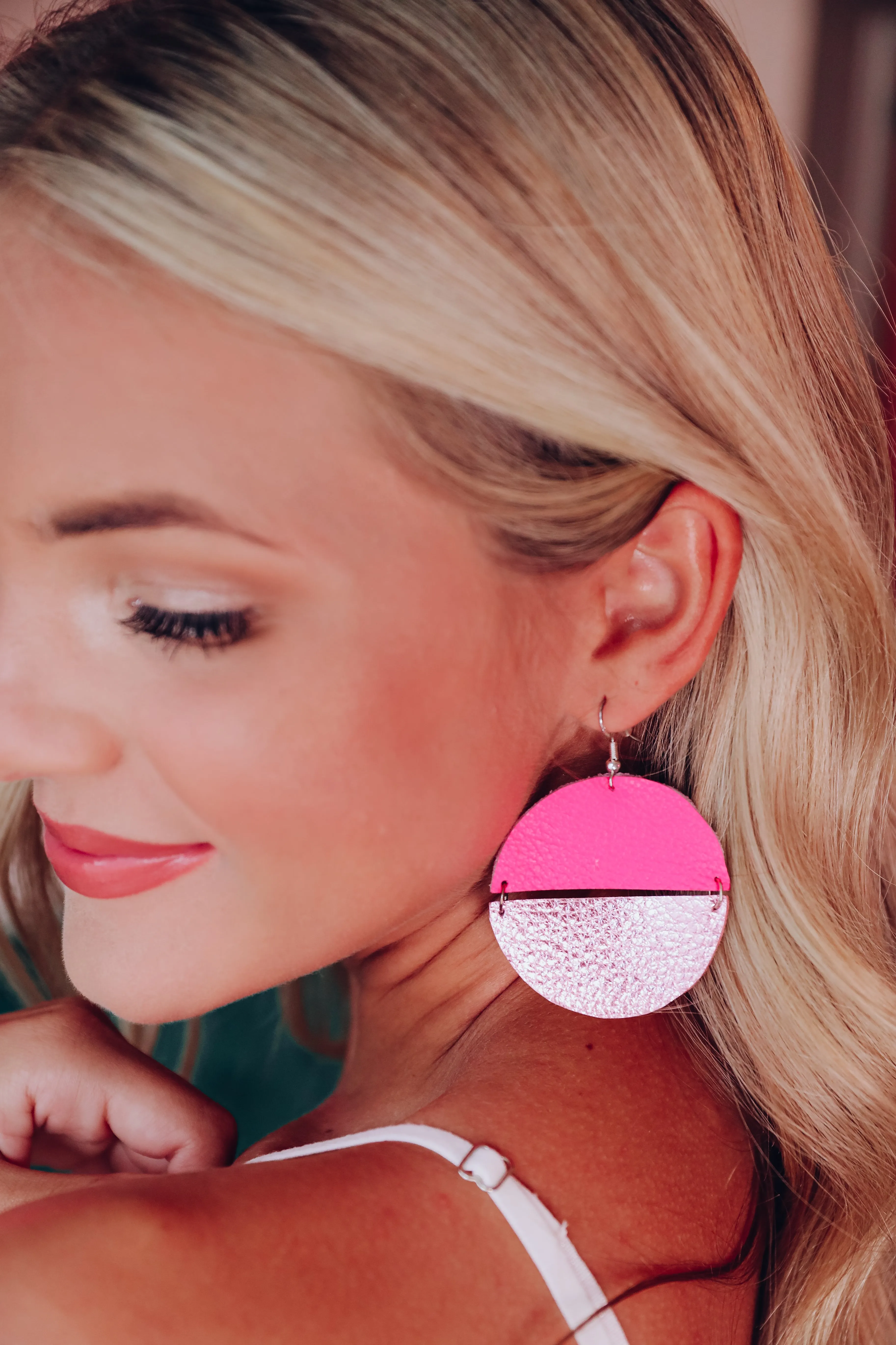 Another Dimension Leather Earrings - Hot Pink