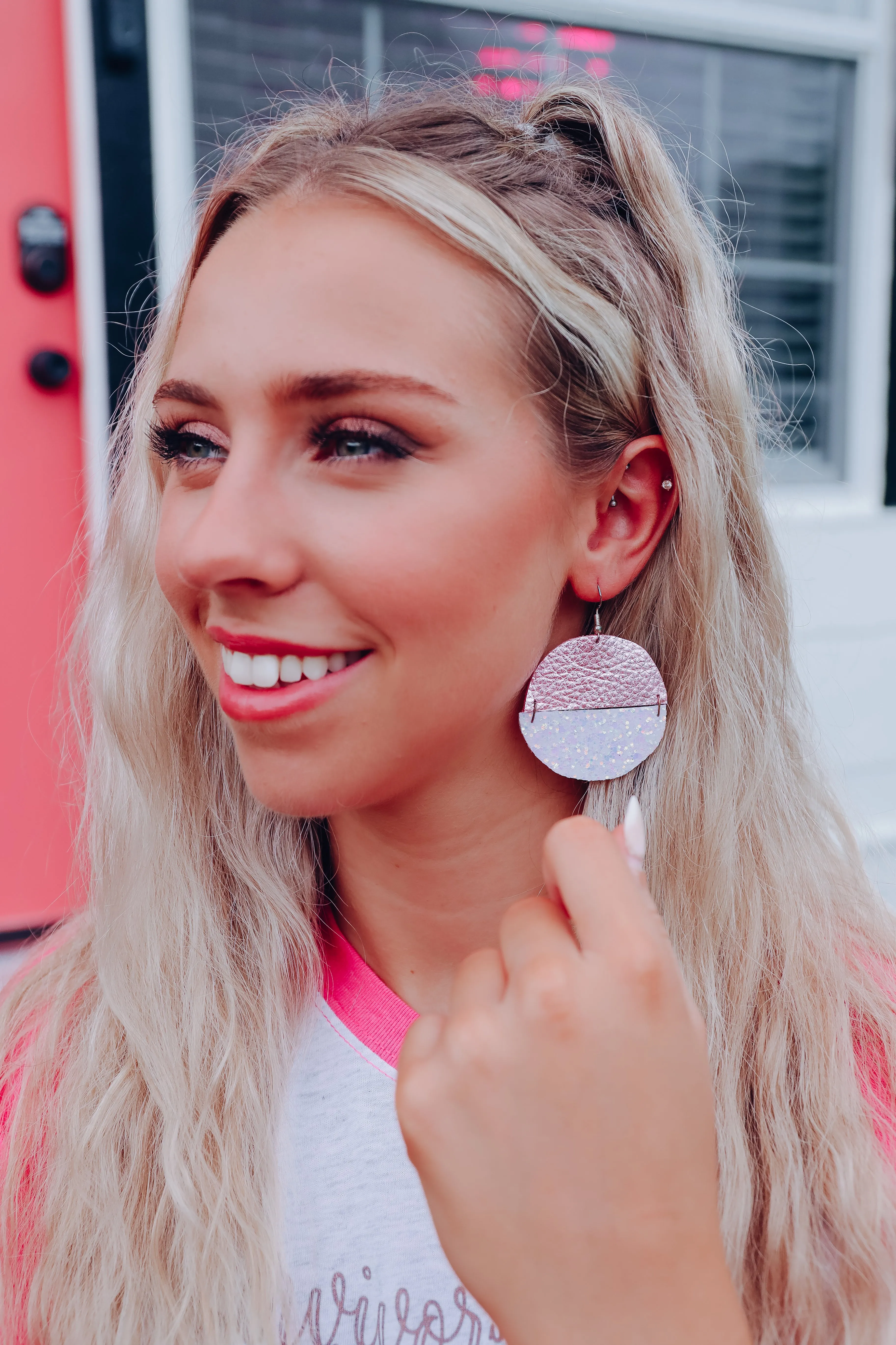 Another Dimension Leather Earrings - Iridescent Pink