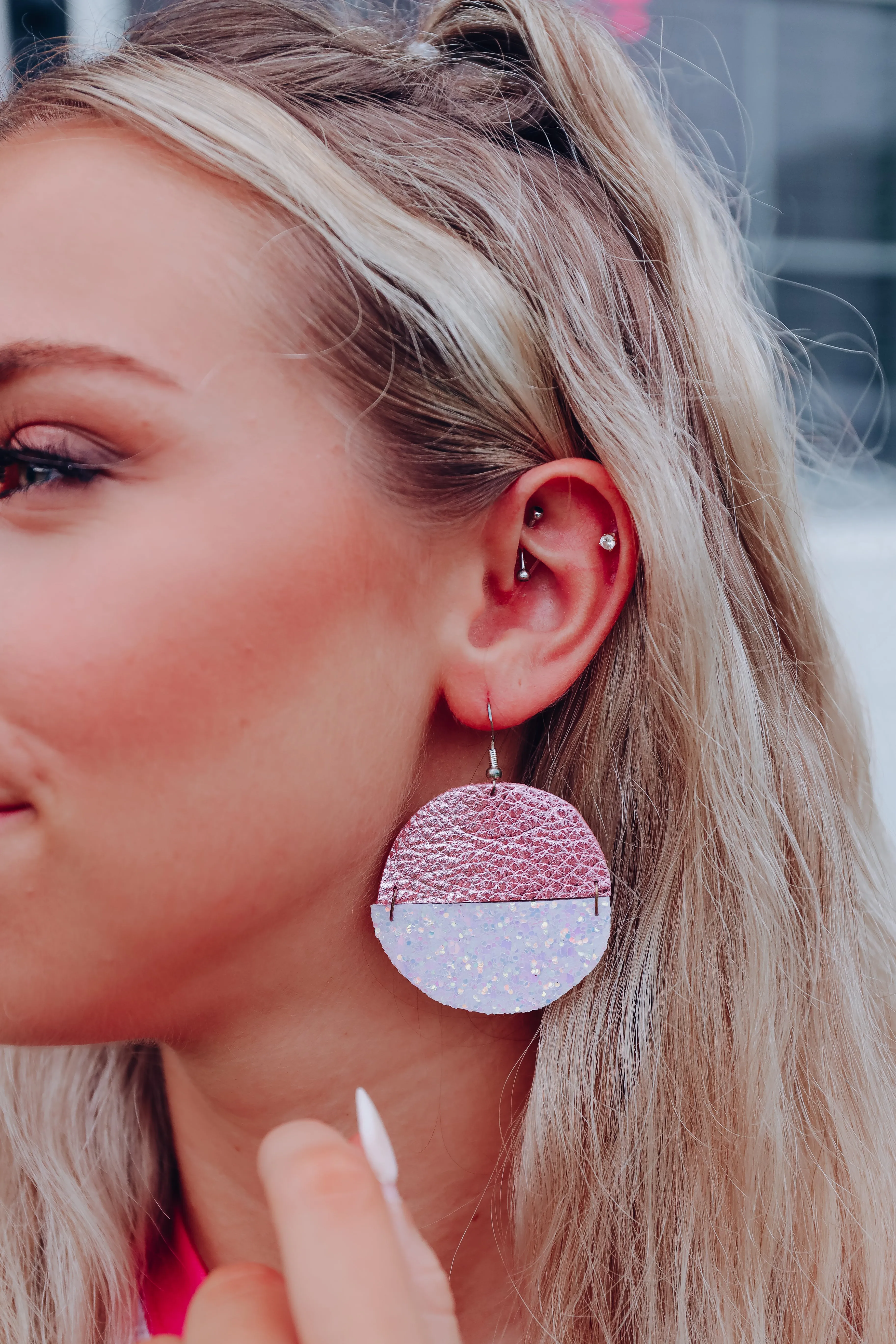 Another Dimension Leather Earrings - Iridescent Pink