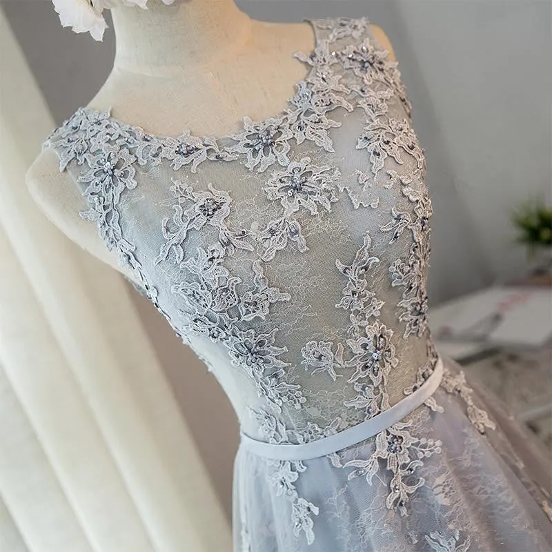 Beautiful Light Grey Tulle Backless Long Party Dress, A-line Junior Prom Dress