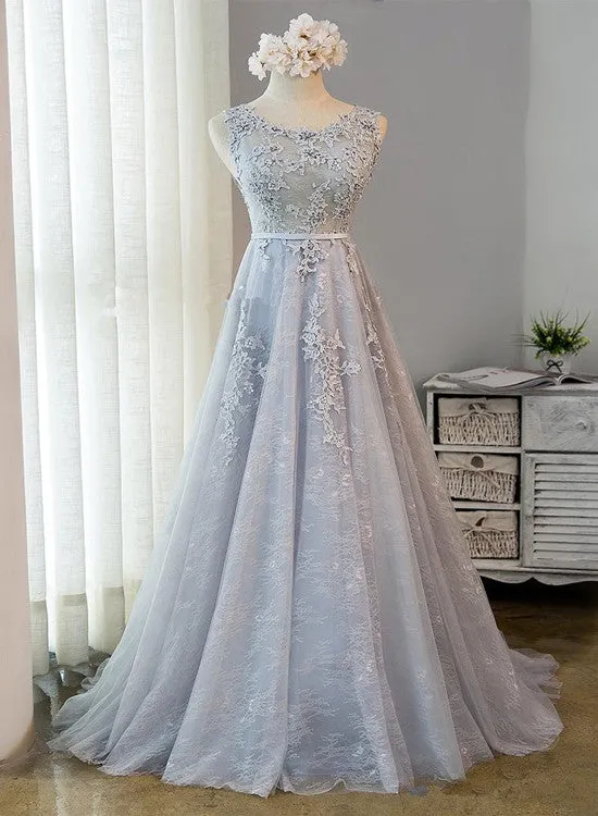 Beautiful Light Grey Tulle Backless Long Party Dress, A-line Junior Prom Dress