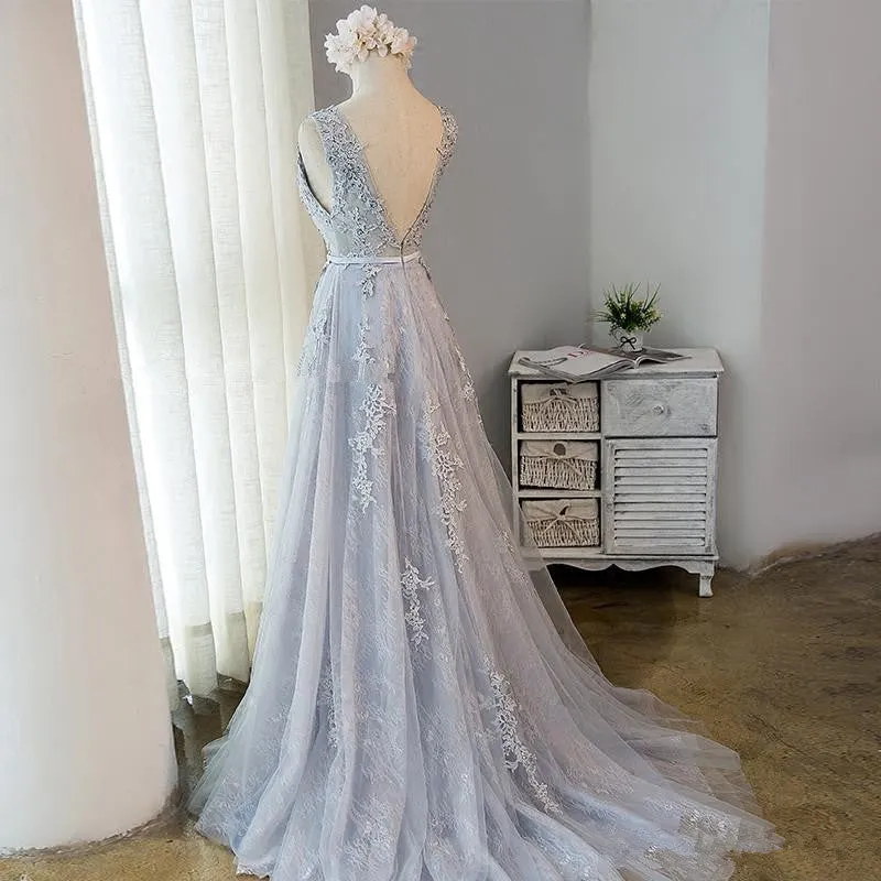 Beautiful Light Grey Tulle Backless Long Party Dress, A-line Junior Prom Dress