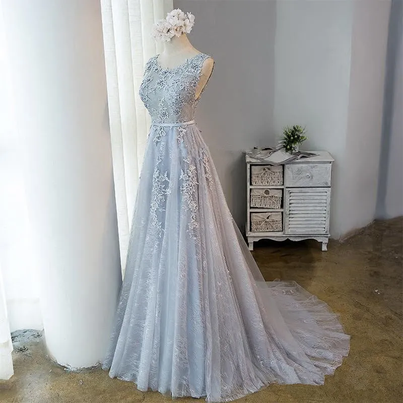 Beautiful Light Grey Tulle Backless Long Party Dress, A-line Junior Prom Dress