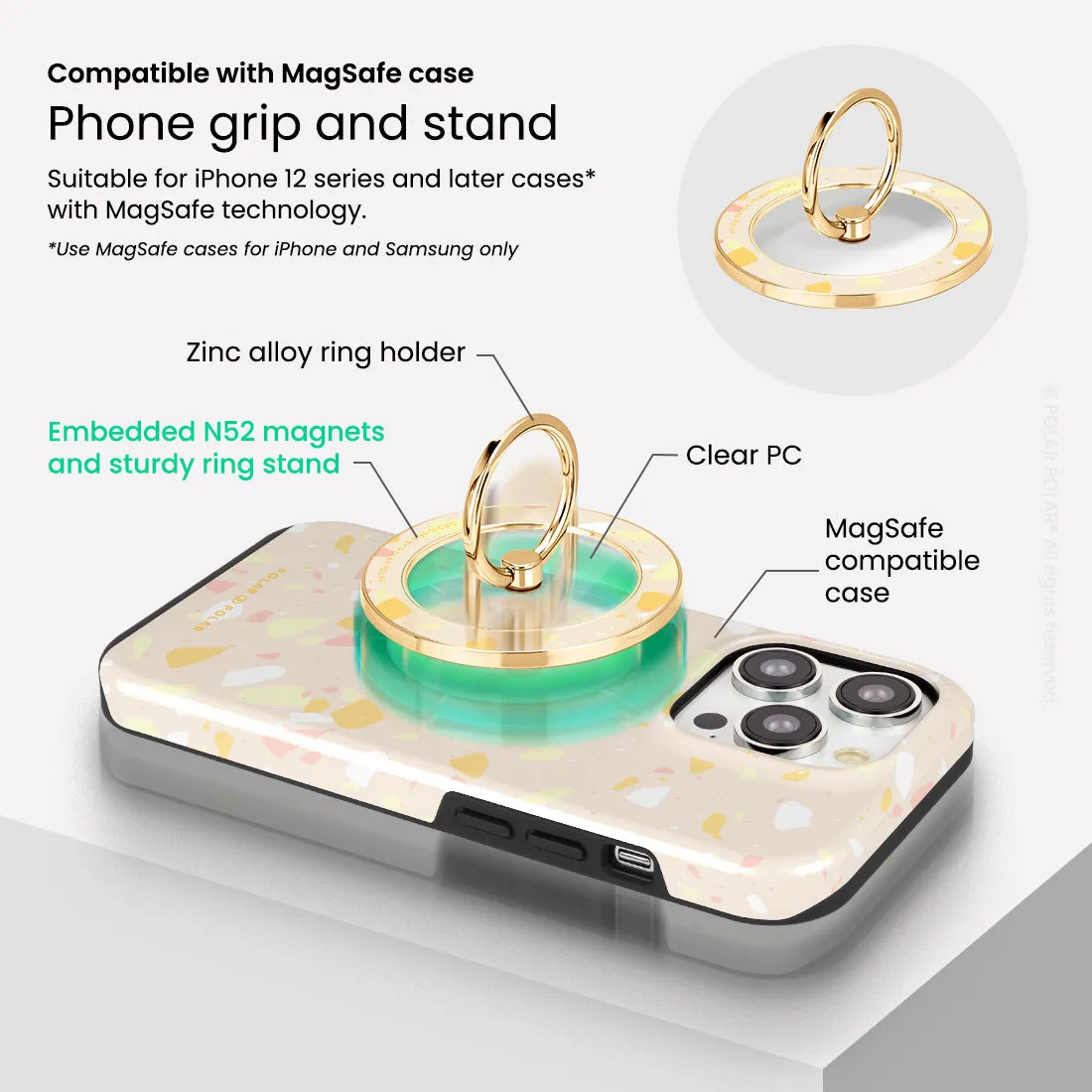 Beige Terrazzo - Golden MagSafe Phone Grip and Ring Holder Stand