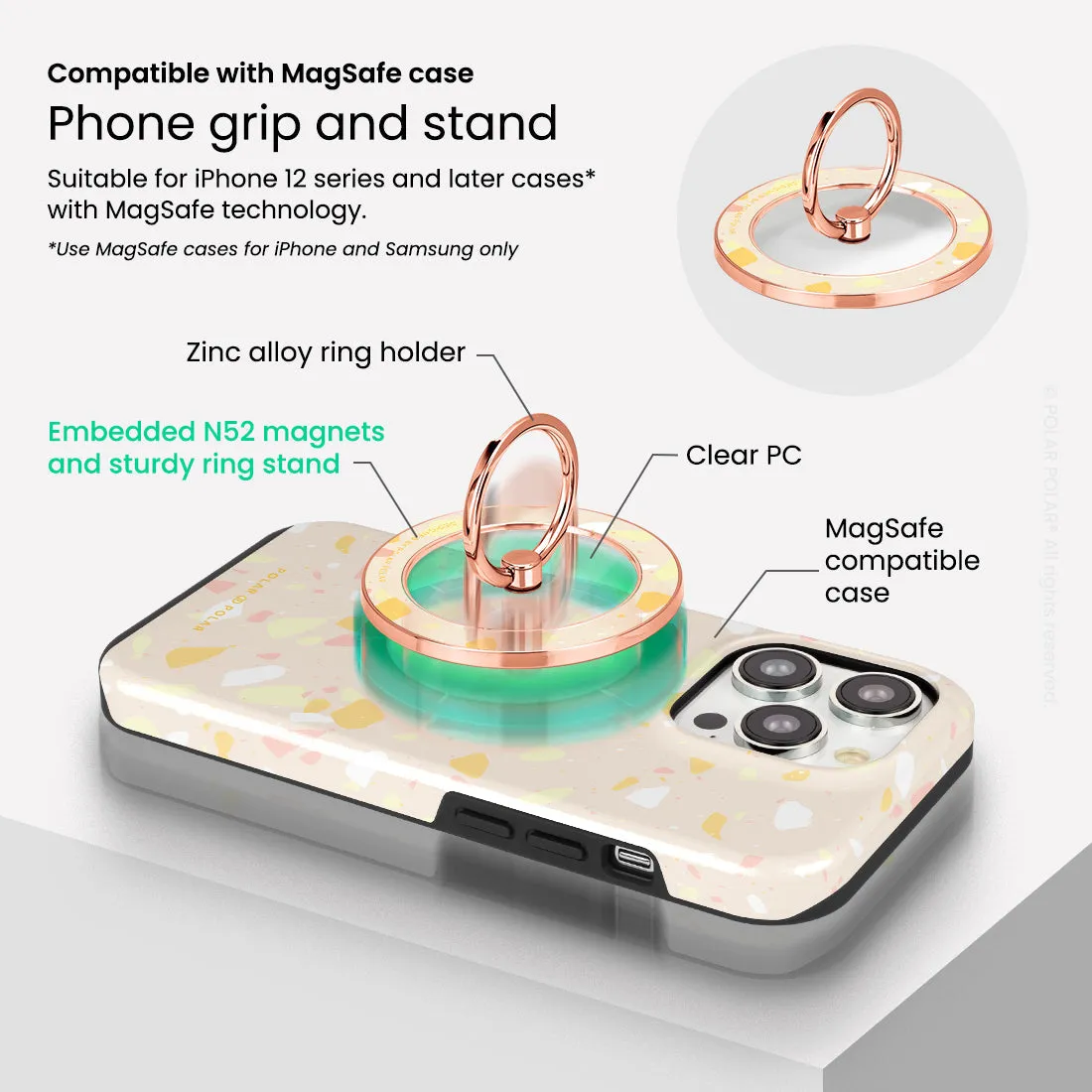 Beige Terrazzo - Rose Gold MagSafe Phone Grip and Ring Holder Stand