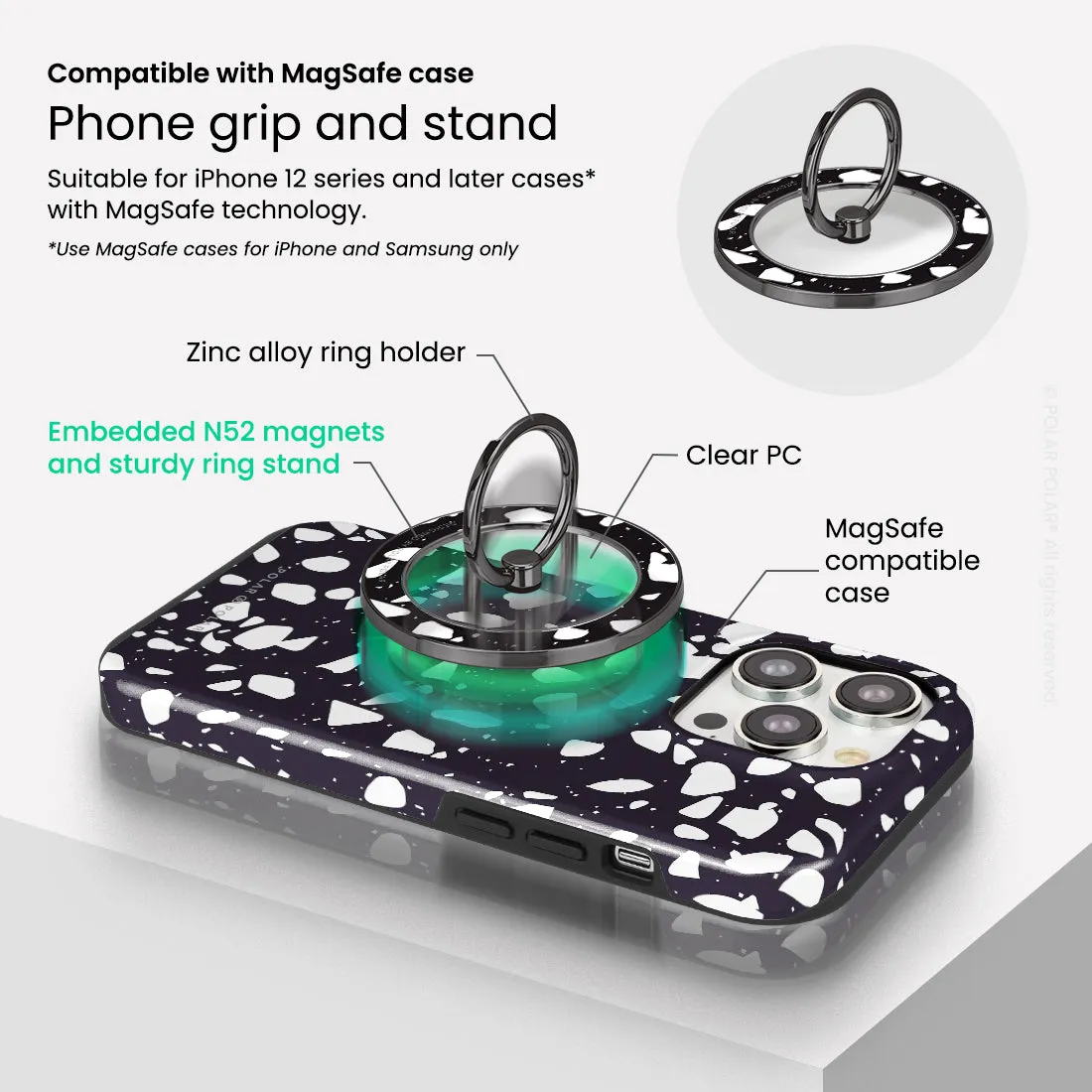 Black Rocky Road Terrazzo - Black MagSafe Phone Grip and Ring Holder Stand