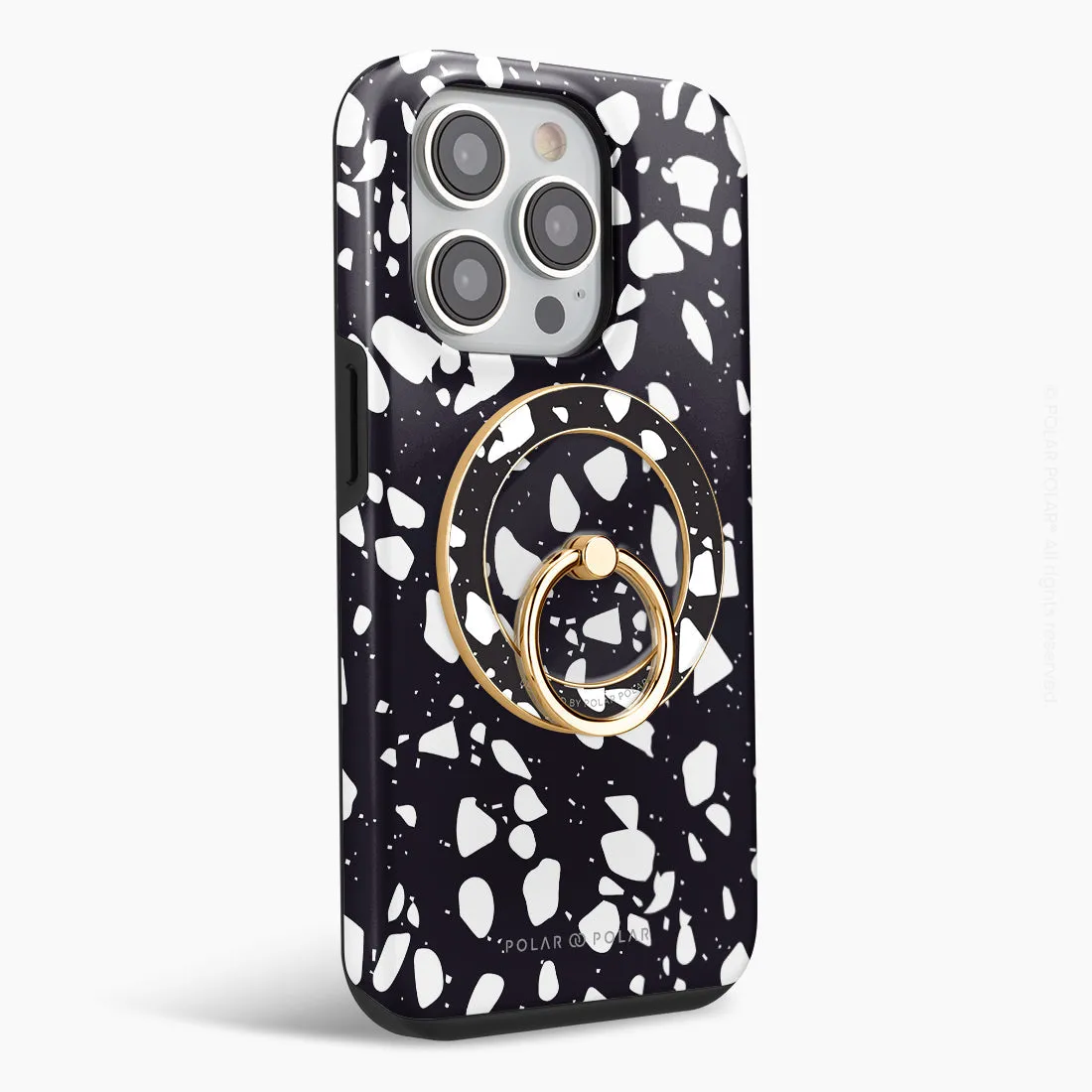 Black Rocky Road Terrazzo - Golden MagSafe Phone Grip and Ring Holder Stand