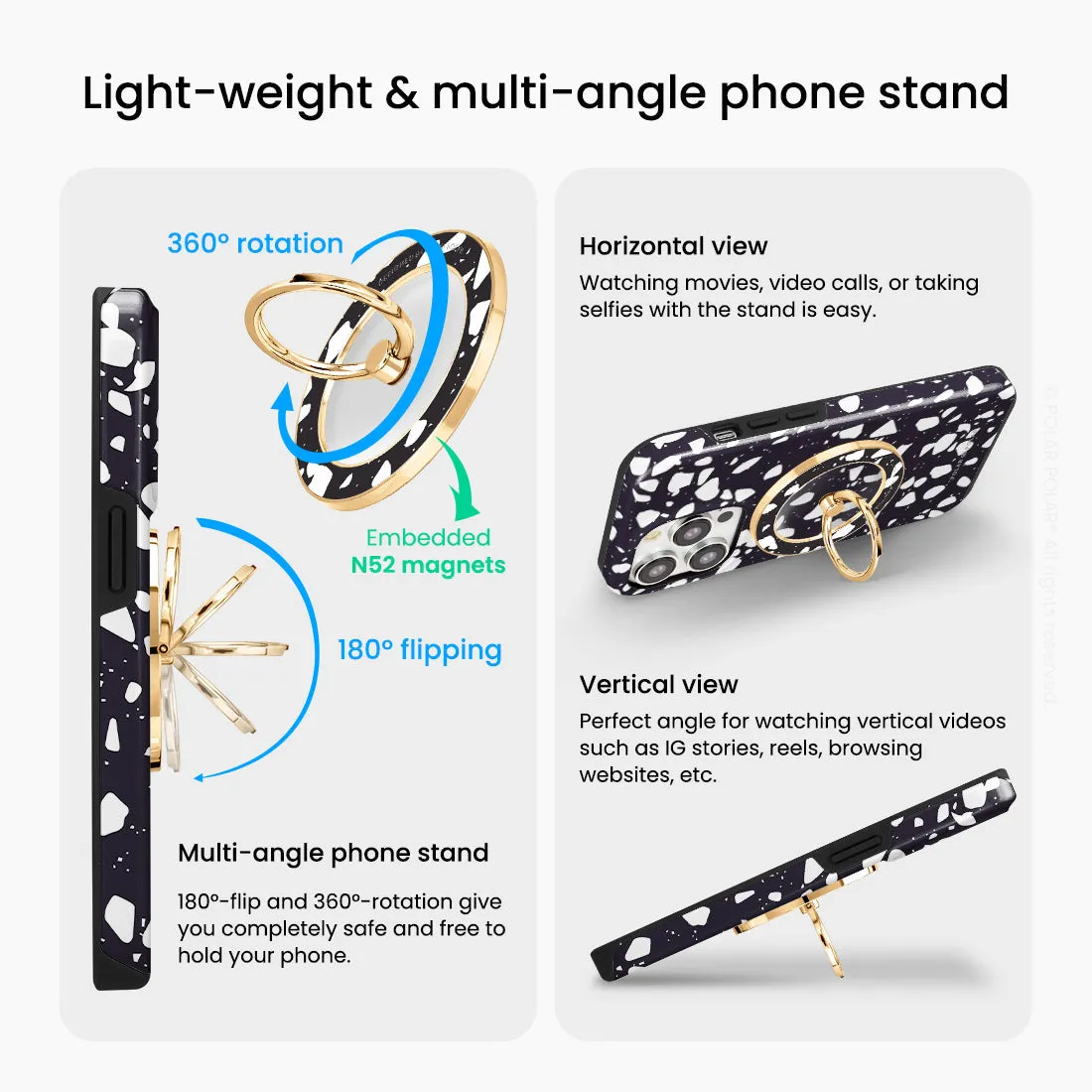 Black Rocky Road Terrazzo - Golden MagSafe Phone Grip and Ring Holder Stand