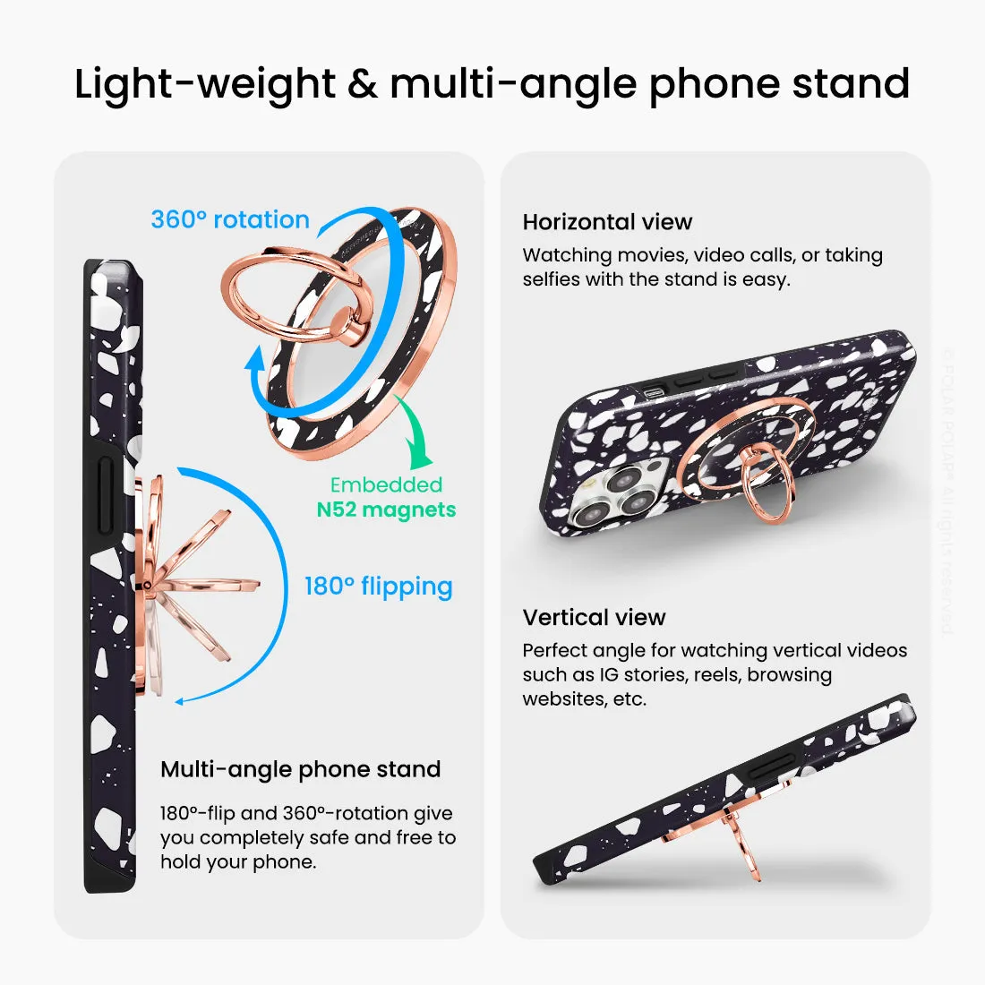 Black Rocky Road Terrazzo - Rose Gold MagSafe Phone Grip and Ring Holder Stand