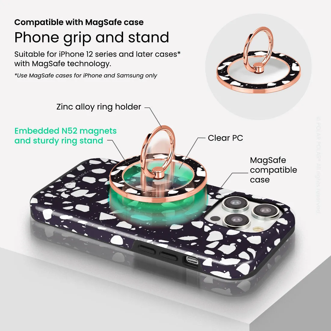 Black Rocky Road Terrazzo - Rose Gold MagSafe Phone Grip and Ring Holder Stand