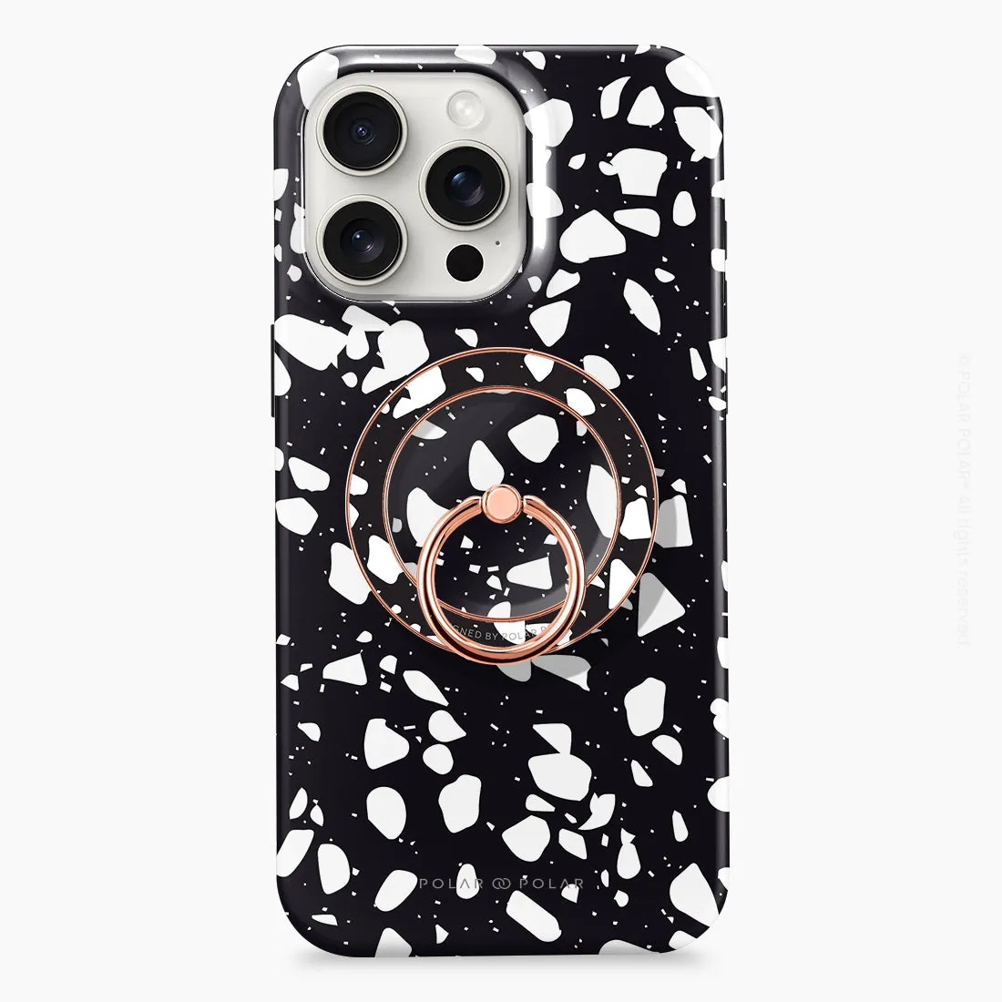 Black Rocky Road Terrazzo - Rose Gold MagSafe Phone Grip and Ring Holder Stand