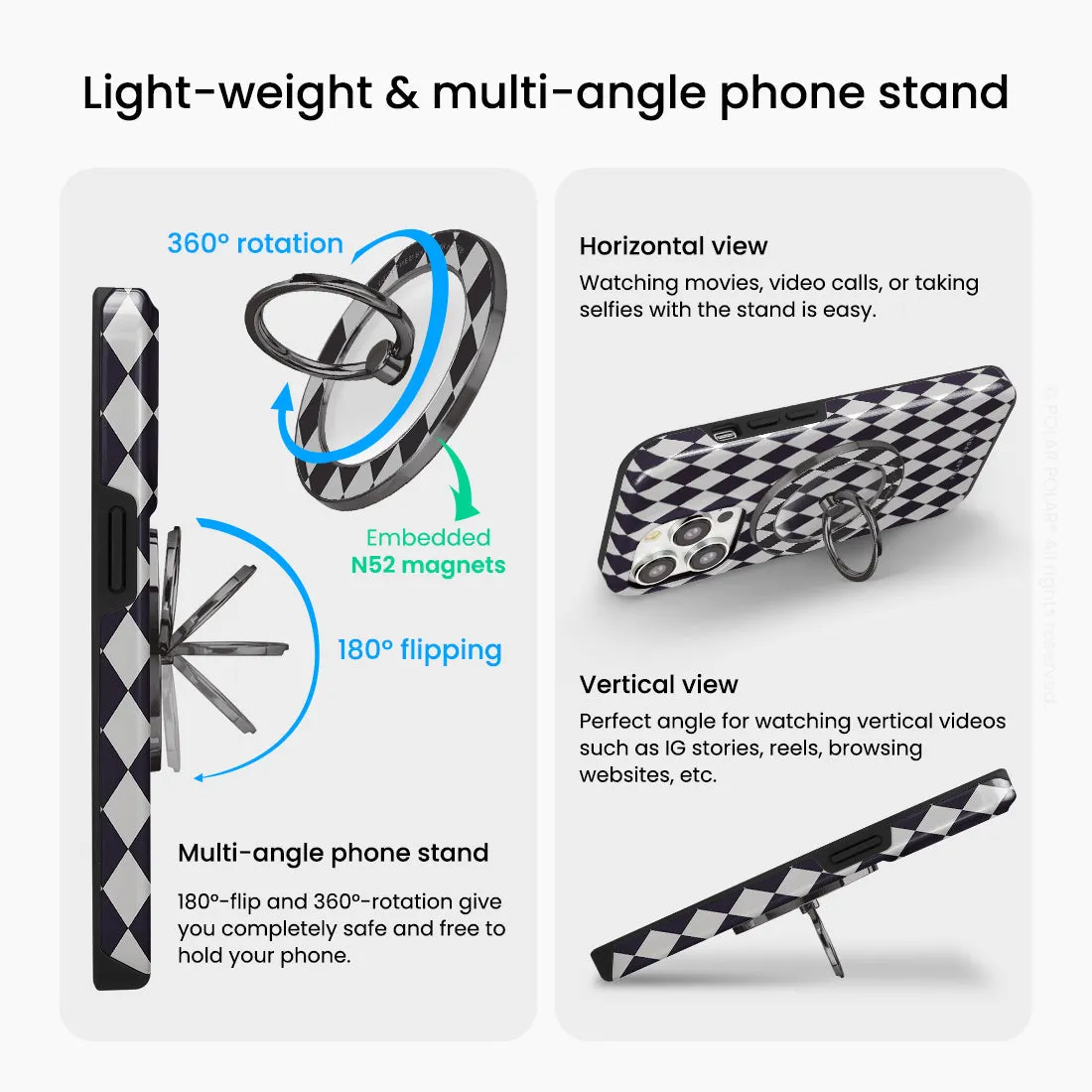 Diamond Black Checker - Black MagSafe Phone Grip and Ring Holder Stand