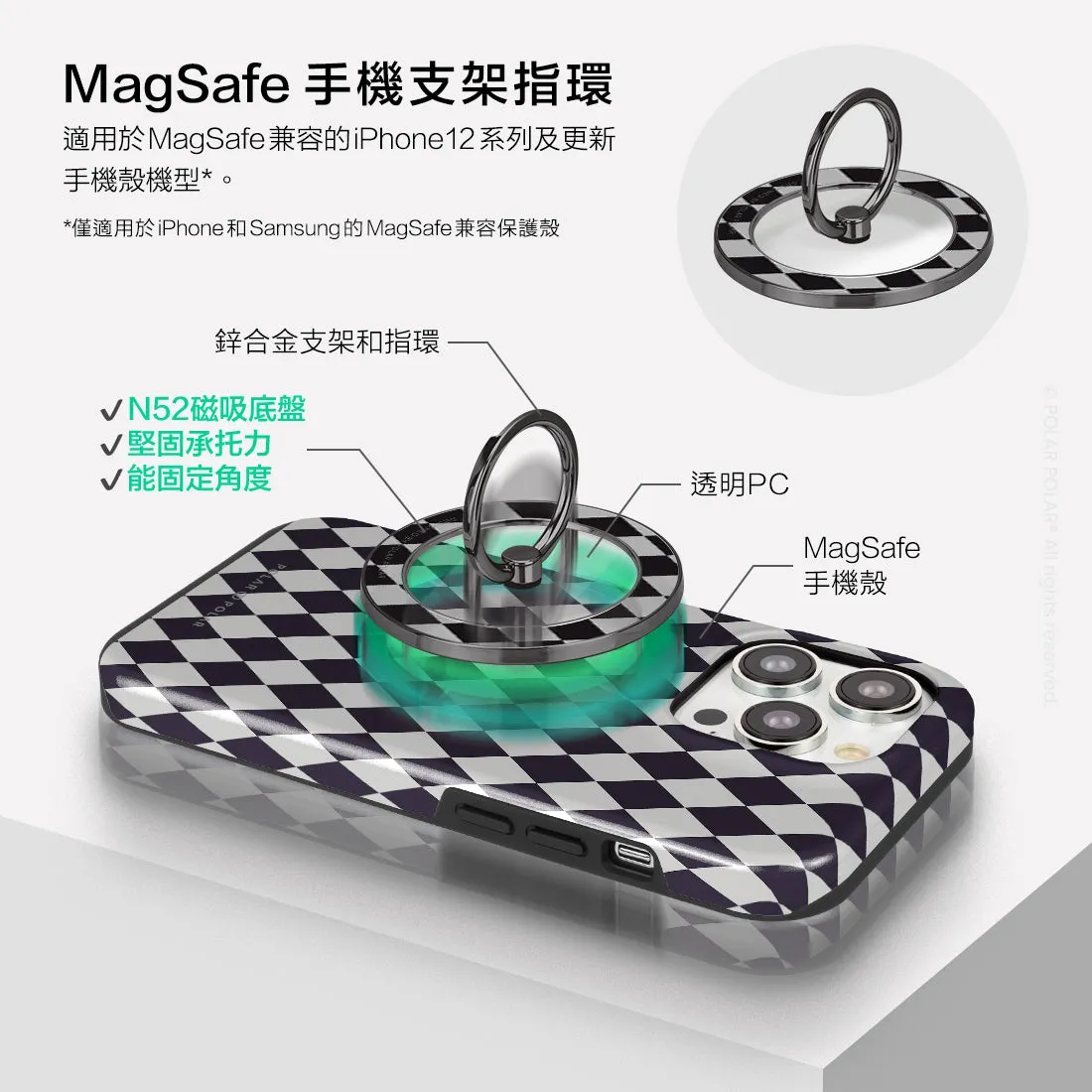 Diamond Black Checker - Black MagSafe Phone Grip and Ring Holder Stand