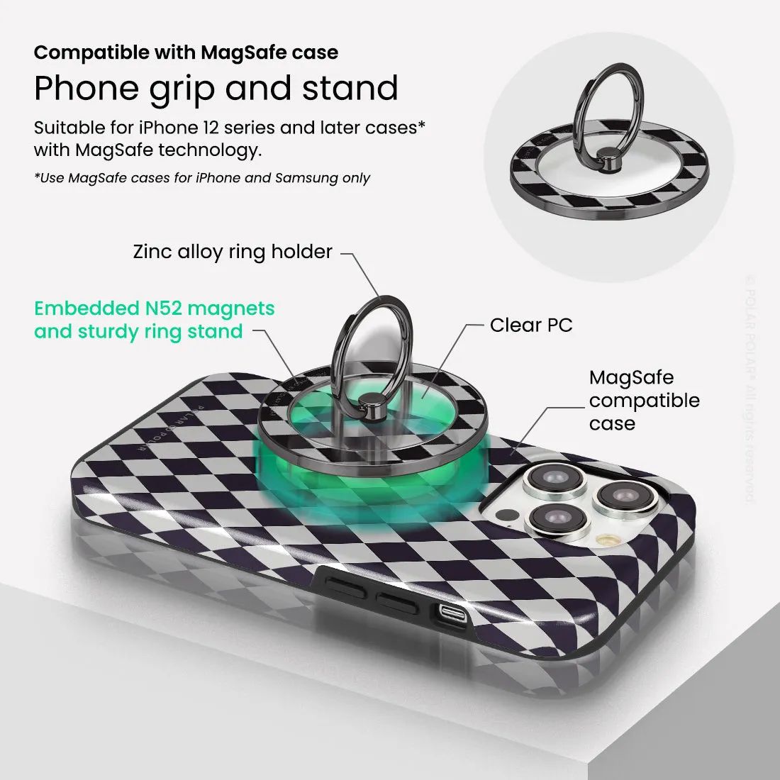 Diamond Black Checker - Black MagSafe Phone Grip and Ring Holder Stand