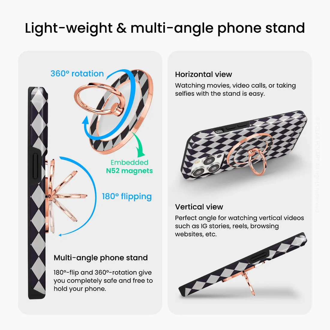 Diamond Black Checker - Rose Gold MagSafe Phone Grip and Ring Holder Stand