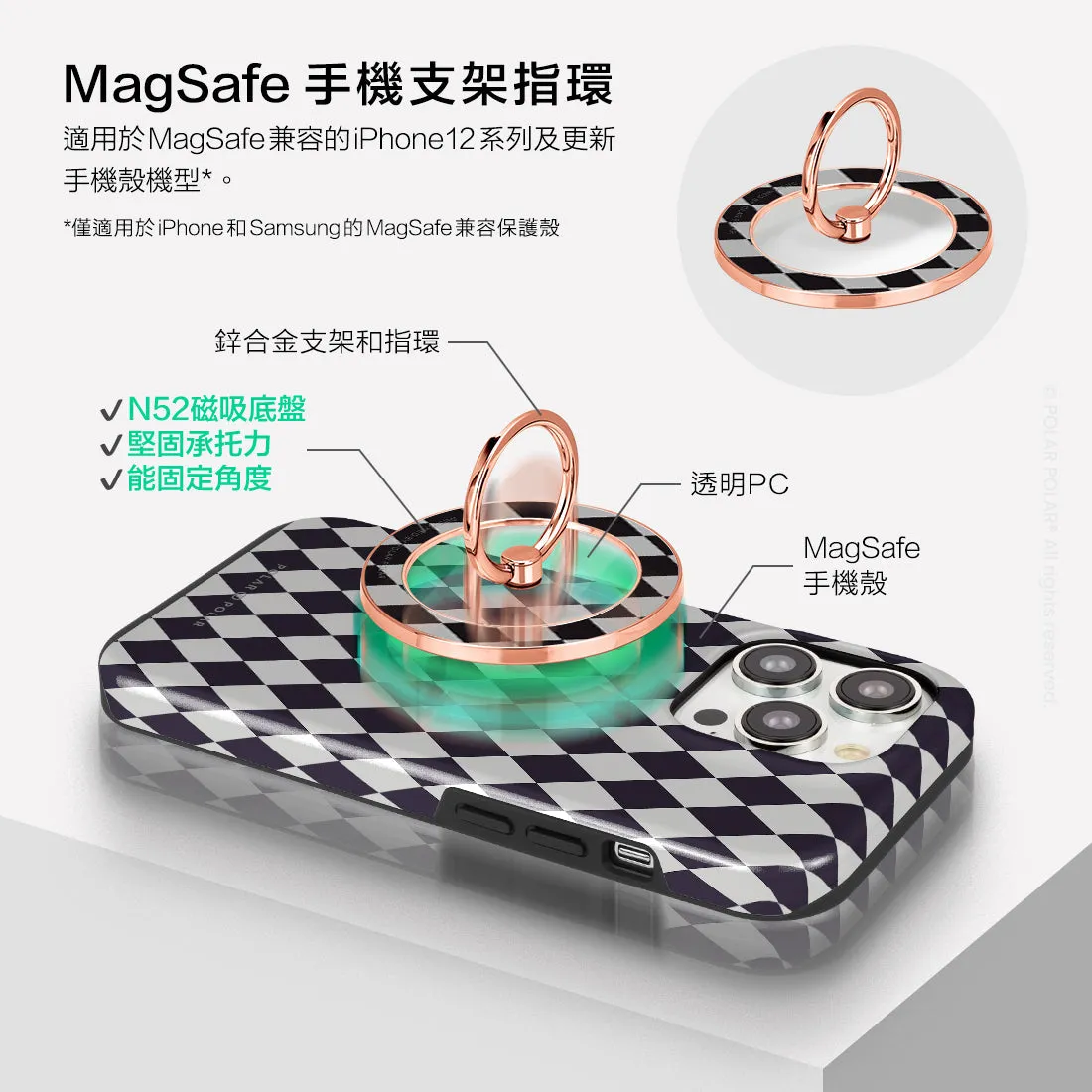 Diamond Black Checker - Rose Gold MagSafe Phone Grip and Ring Holder Stand