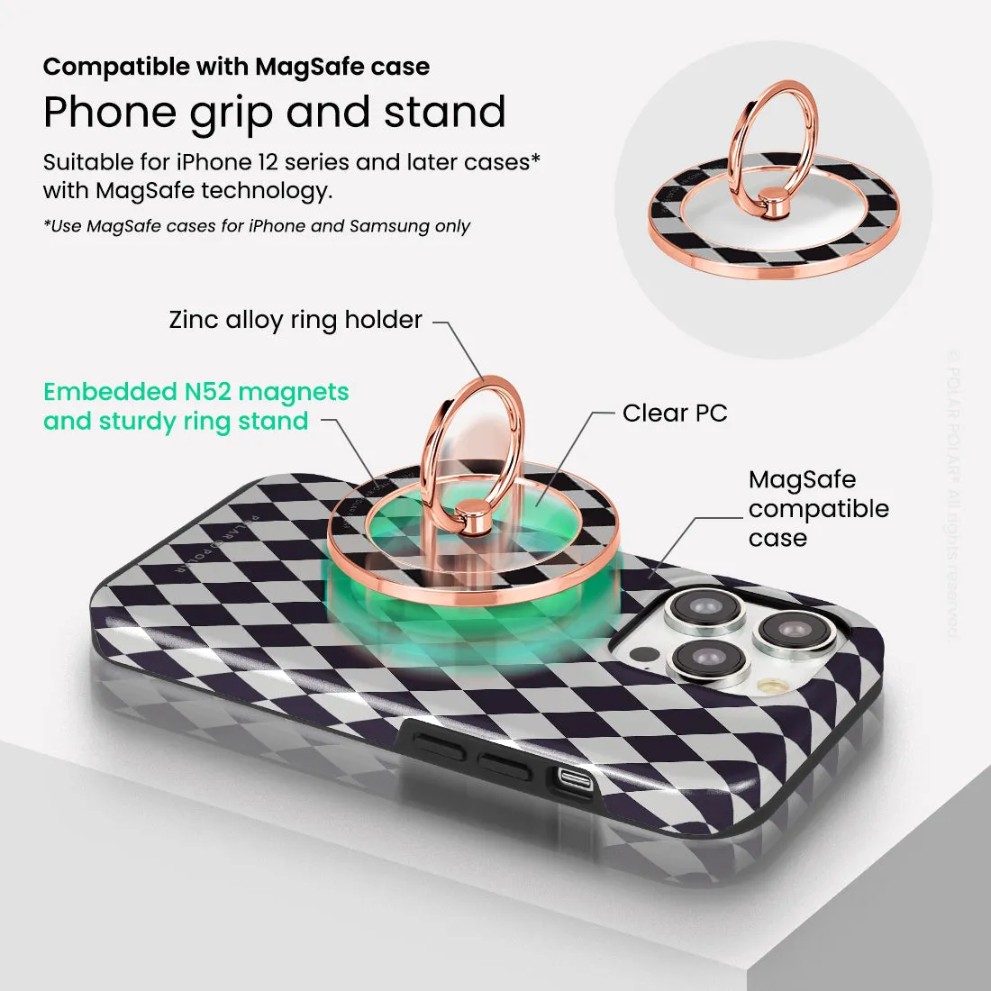 Diamond Black Checker - Rose Gold MagSafe Phone Grip and Ring Holder Stand