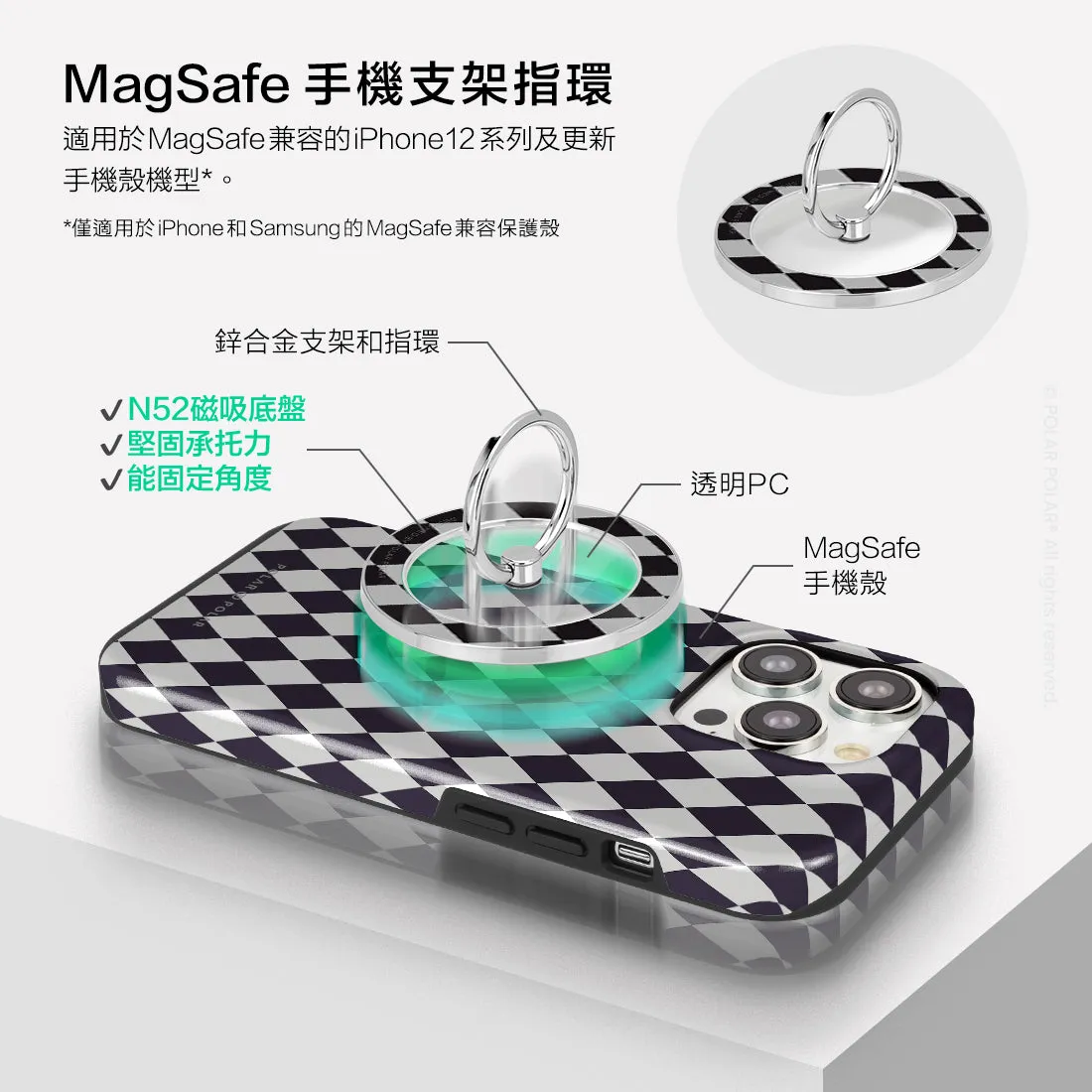 Diamond Black Checker - Silver MagSafe Phone Grip and Ring Holder Stand