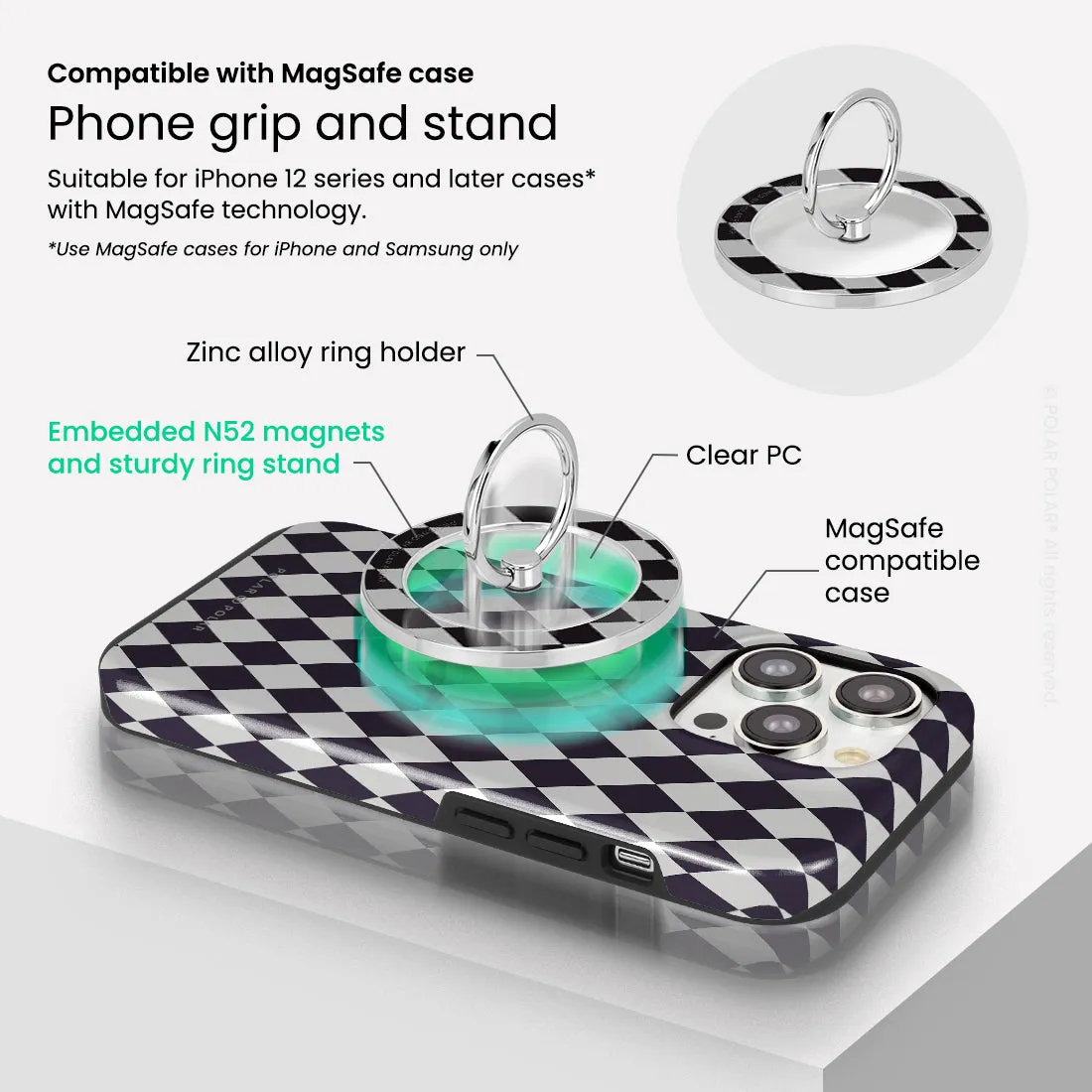 Diamond Black Checker - Silver MagSafe Phone Grip and Ring Holder Stand