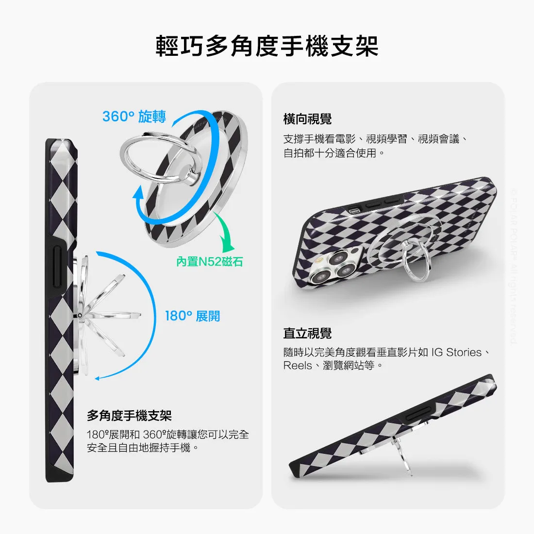 Diamond Black Checker - Silver MagSafe Phone Grip and Ring Holder Stand