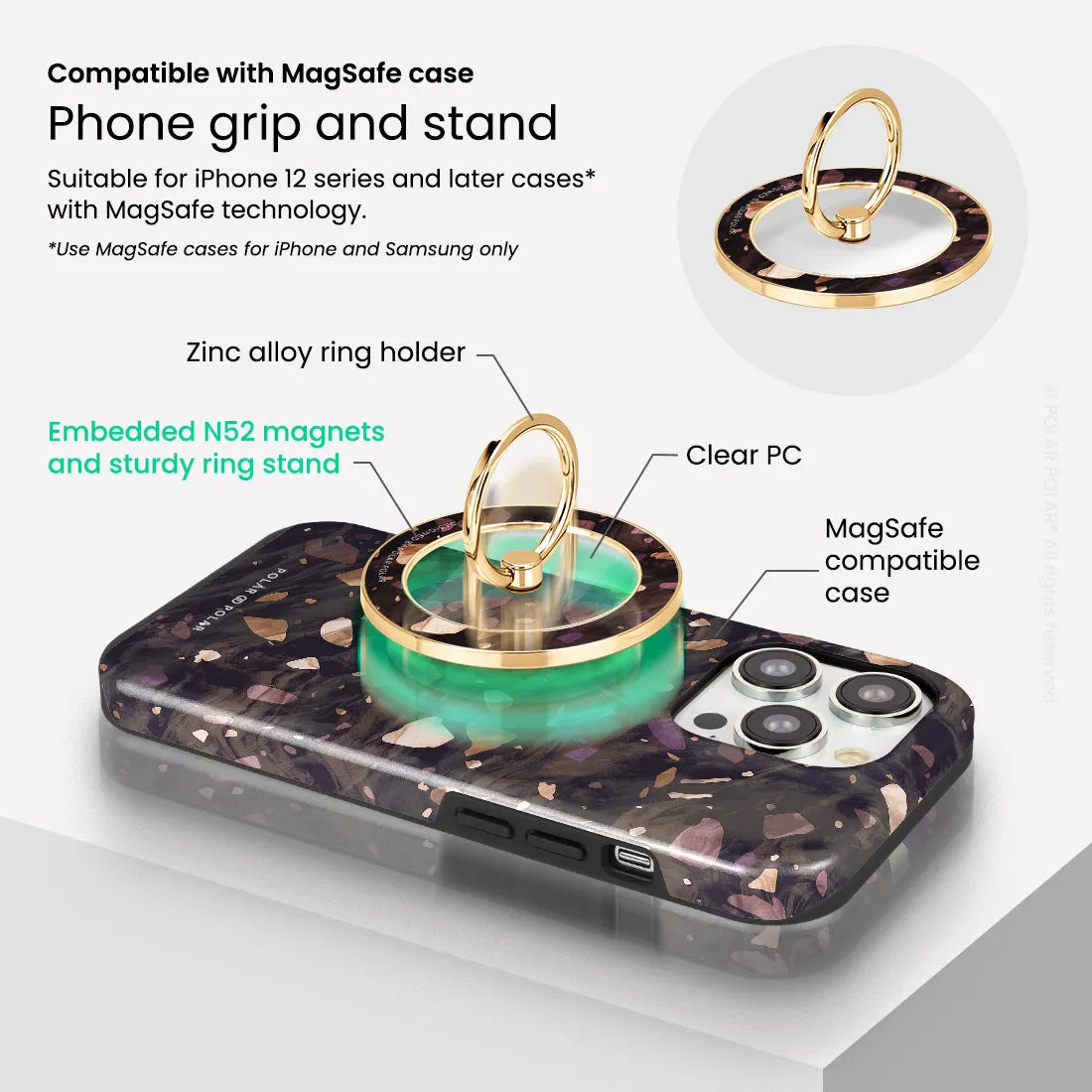Eminence Terrazzo Gem - Golden MagSafe Phone Grip and Ring Holder Stand