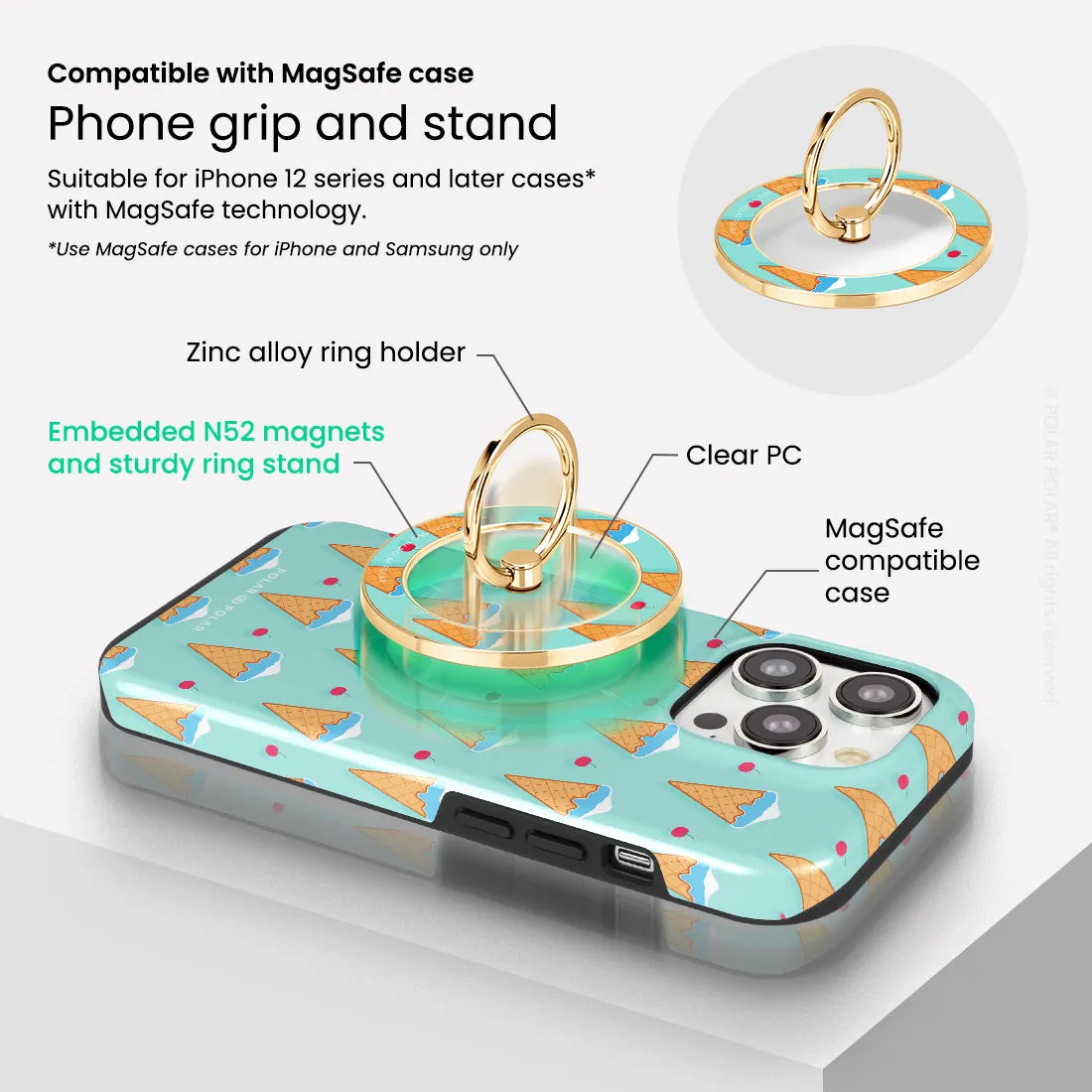 Fujisan Lake Blue Ice Cream - Golden MagSafe Phone Grip and Ring Holder Stand