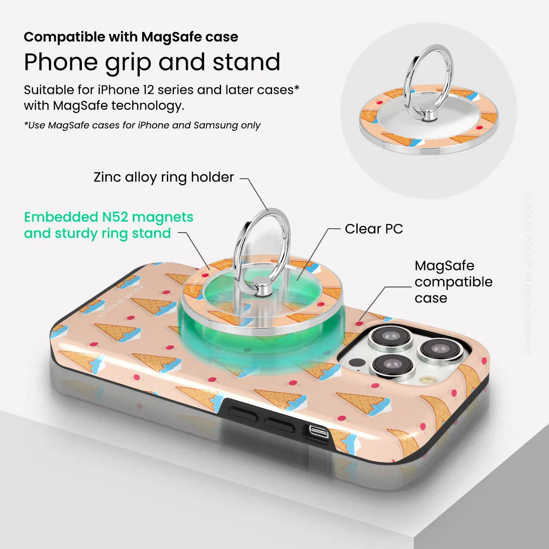 Fujisan Peach Ice Cream - Silver MagSafe Phone Grip and Ring Holder Stand
