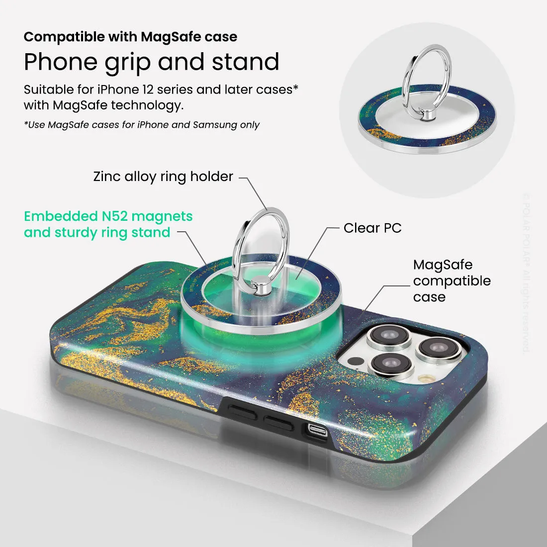 Green Night Quicksand - Silver MagSafe Phone Grip and Ring Holder Stand