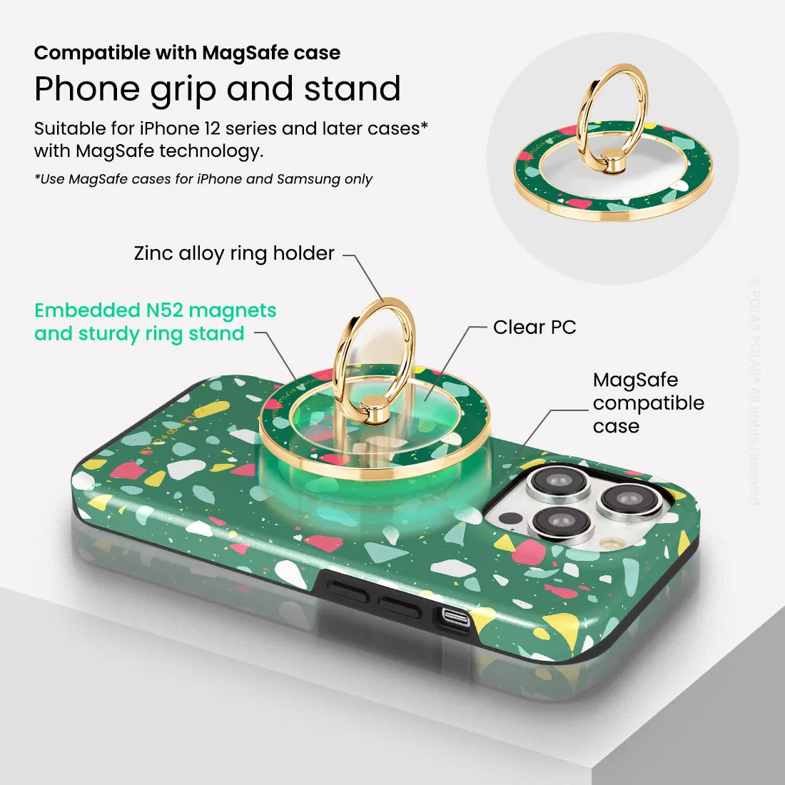 Greenfield Terrazzo - Golden MagSafe Phone Grip and Ring Holder Stand