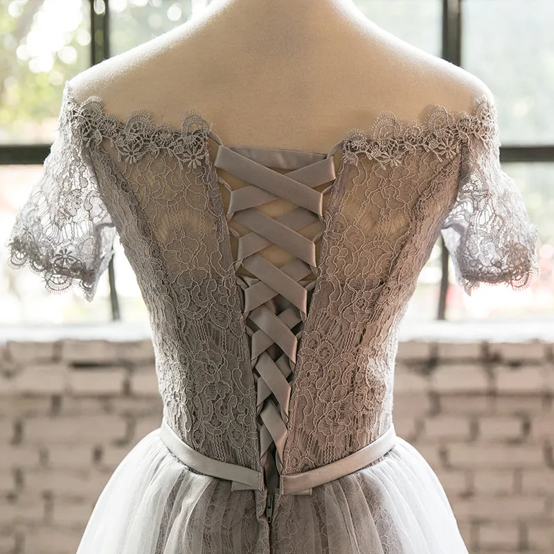 Grey Lace Tulle Short Sleeves Homecoming Dress Party Dress, Light Grey Formal Dresses