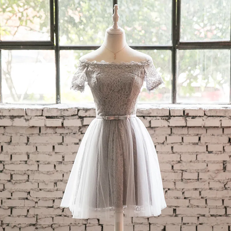 Grey Lace Tulle Short Sleeves Homecoming Dress Party Dress, Light Grey Formal Dresses