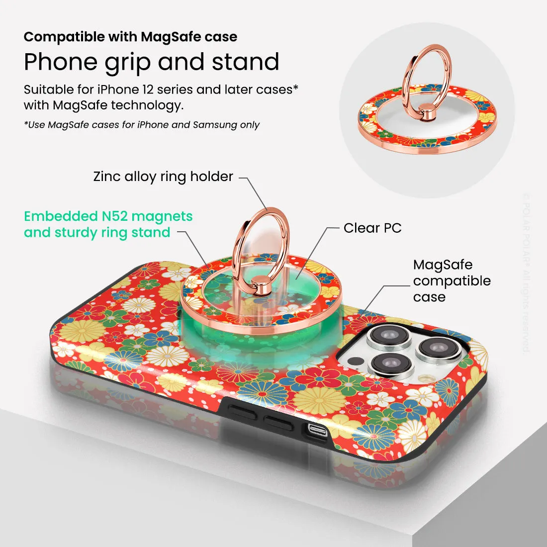 Japan Blossoms - Rose Gold MagSafe Phone Grip and Ring Holder Stand