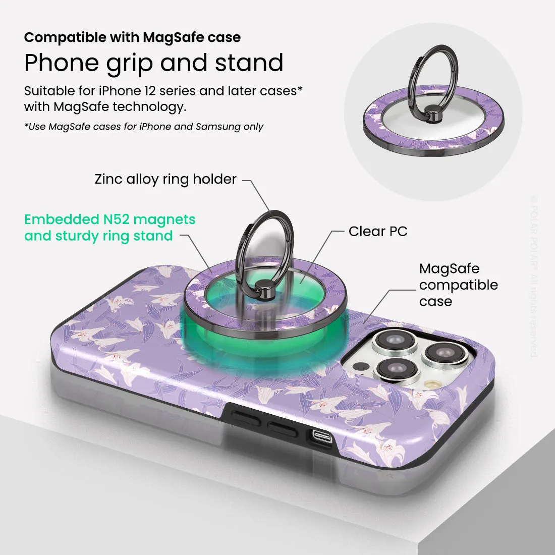 Lavender Lily - Black MagSafe Phone Grip and Ring Holder Stand