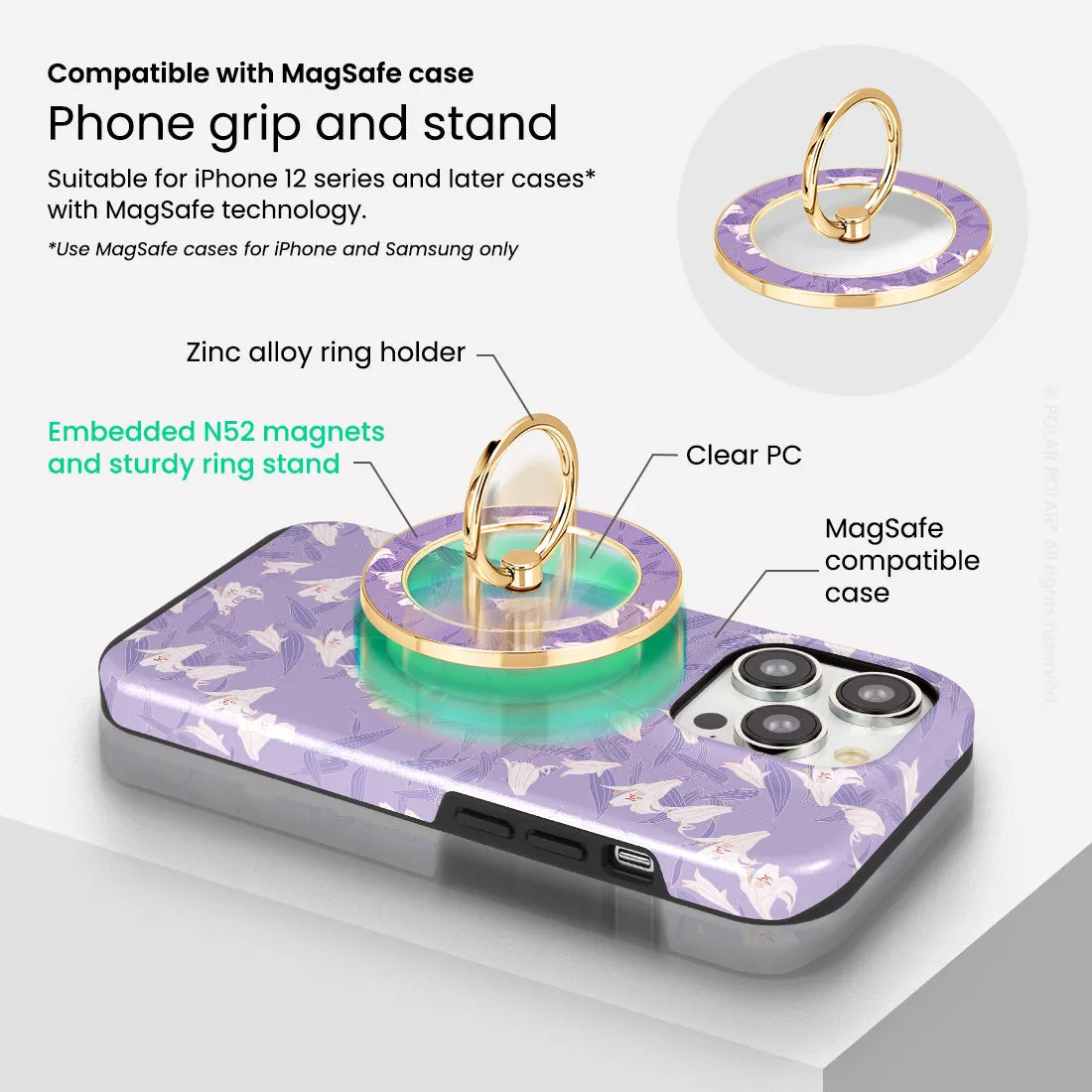 Lavender Lily - Golden MagSafe Phone Grip and Ring Holder Stand