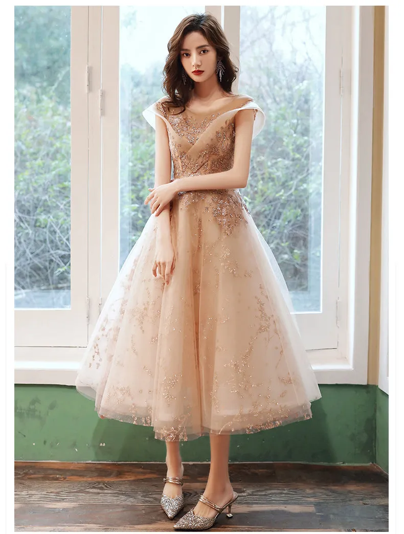 Light Champagne Applique Tulle Cap Sleeves Party Dress, Tea Length Formal Dress Bridesmaid Dress