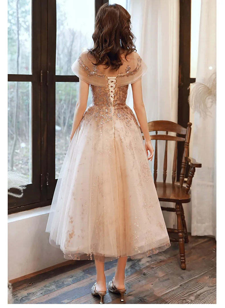 Light Champagne Applique Tulle Cap Sleeves Party Dress, Tea Length Formal Dress Bridesmaid Dress