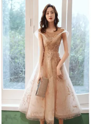 Light Champagne Applique Tulle Cap Sleeves Party Dress, Tea Length Formal Dress Bridesmaid Dress