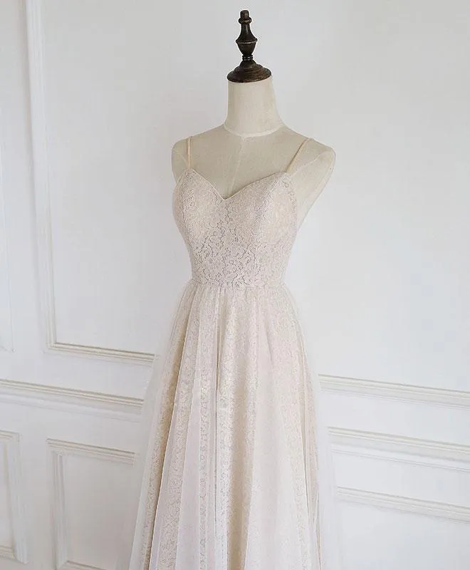 Light Champagne Lace Straps Sweetheart Party Dress Formal Dress, Tea Length Wedding Party Dress