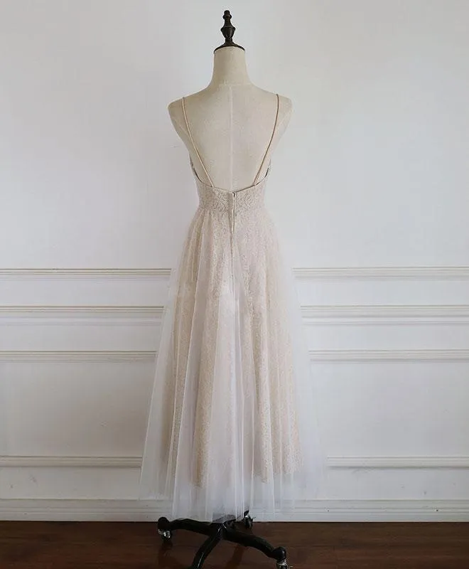 Light Champagne Lace Straps Sweetheart Party Dress Formal Dress, Tea Length Wedding Party Dress