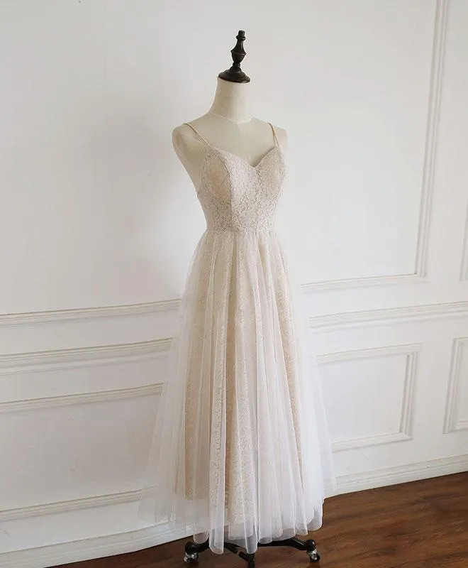 Light Champagne Lace Straps Sweetheart Party Dress Formal Dress, Tea Length Wedding Party Dress