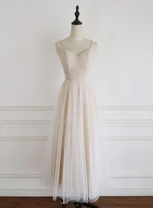 Light Champagne Lace Straps Sweetheart Party Dress Formal Dress, Tea Length Wedding Party Dress