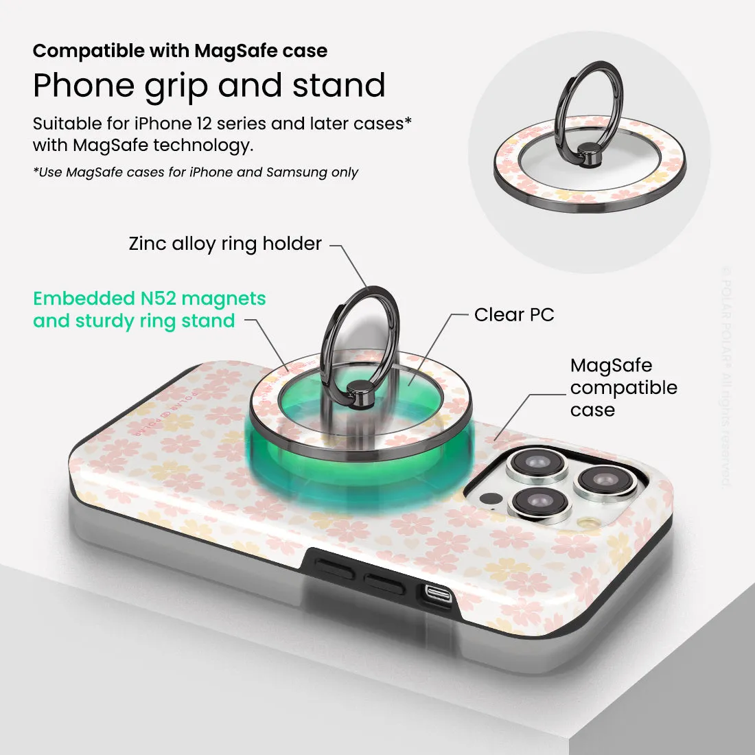 Light Pink Sakura - Black MagSafe Phone Grip and Ring Holder Stand