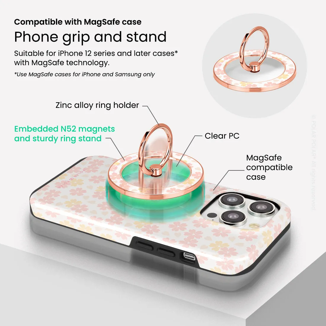 Light Pink Sakura - Rose Gold MagSafe Phone Grip and Ring Holder Stand