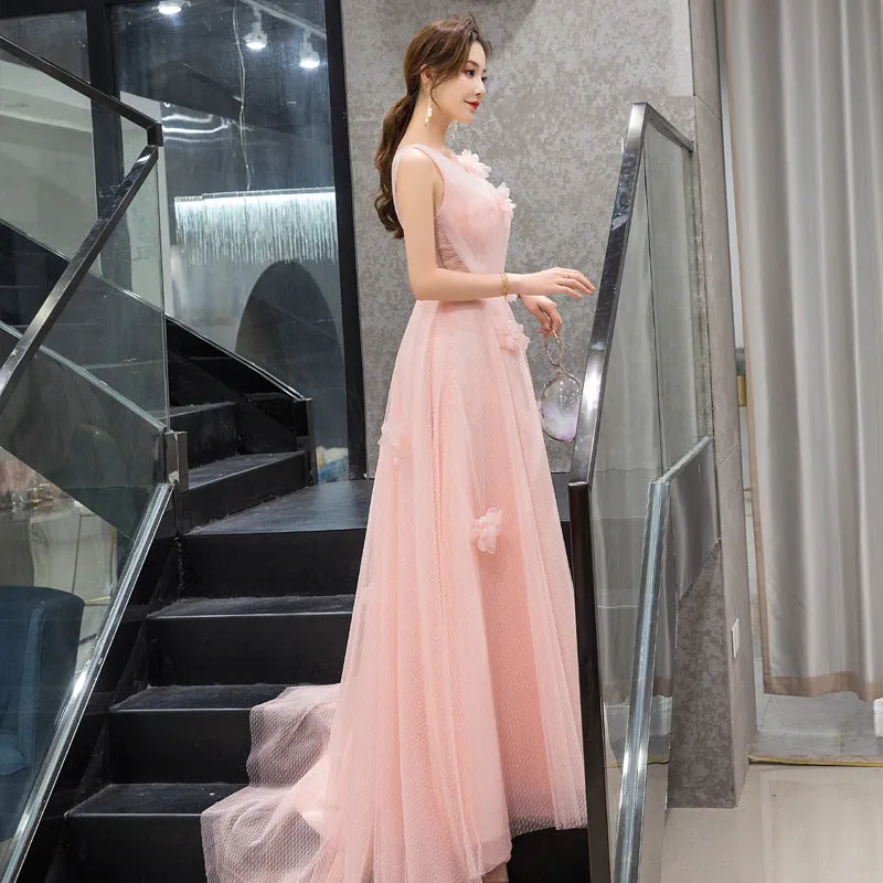 Light Pink Tulle with Flowers A-line Long Party Dress Evening Dress, Pink New Style Prom Dress
