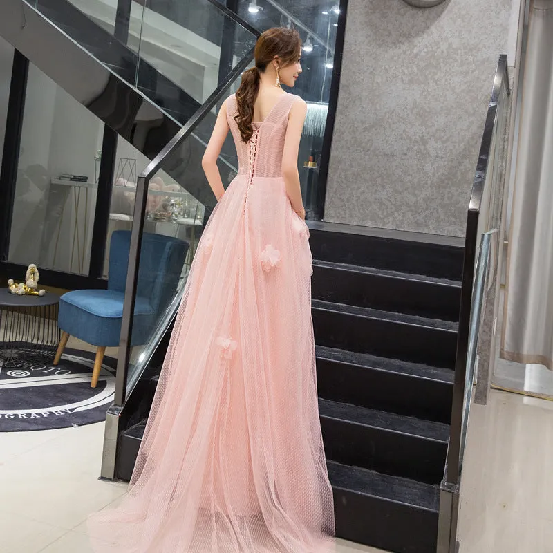 Light Pink Tulle with Flowers A-line Long Party Dress Evening Dress, Pink New Style Prom Dress