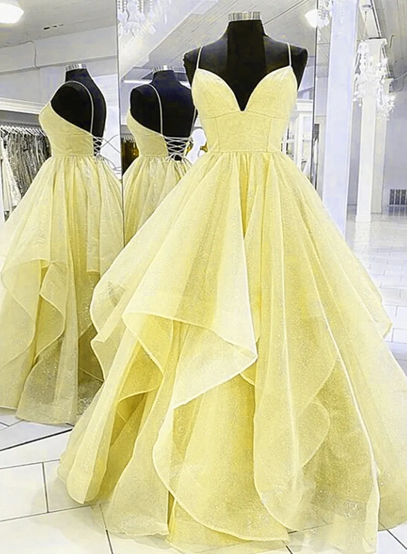 Light Yellow Tulle Straps Long Prom Gown, Lace-up Tulle Evening Dresses
