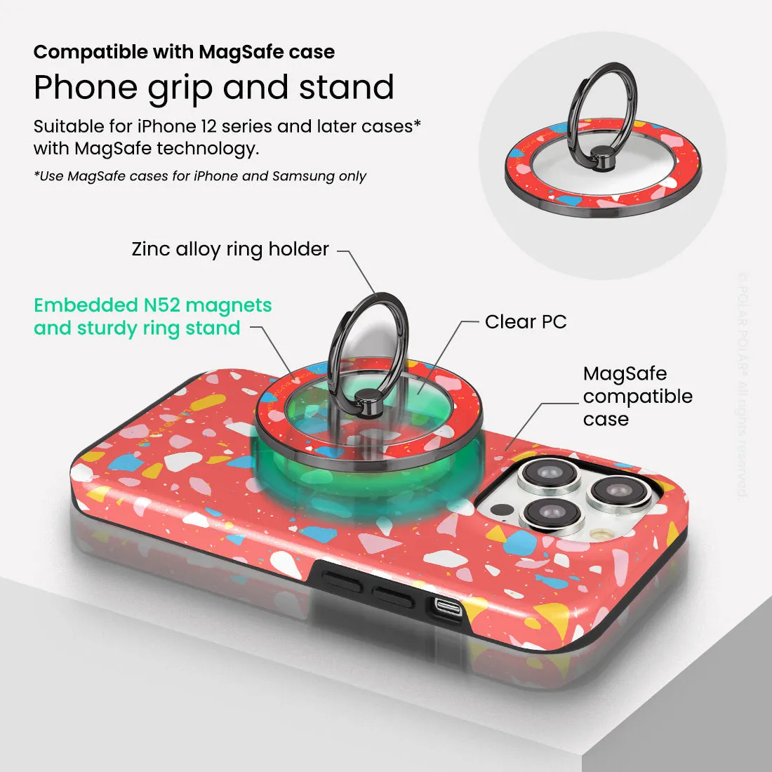 Living Coral Terrazzo - Black MagSafe Phone Grip and Ring Holder Stand