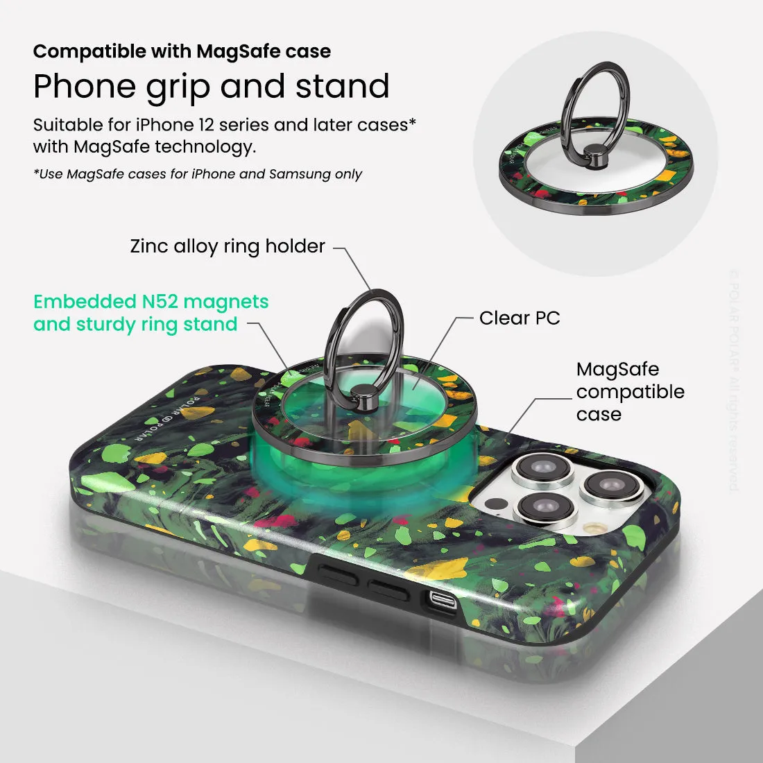 Malachite Terrazzo Gem - Black MagSafe Phone Grip and Ring Holder Stand