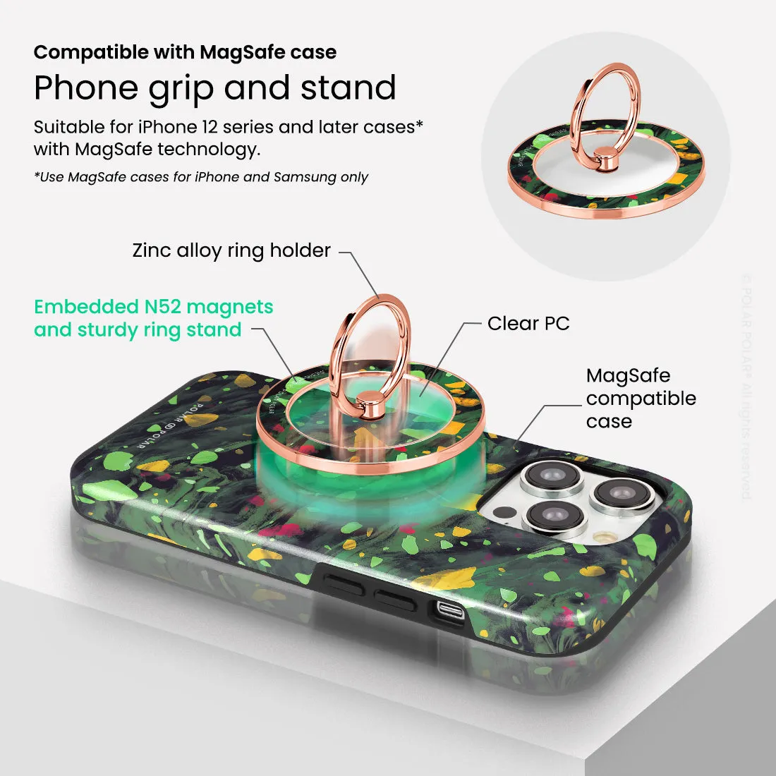 Malachite Terrazzo Gem - Rose Gold MagSafe Phone Grip and Ring Holder Stand