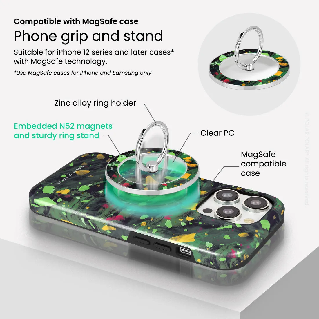 Malachite Terrazzo Gem - Silver MagSafe Phone Grip and Ring Holder Stand